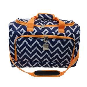 Jenni Chan Aria Duffle Travel Bag Navy and White Chevron with Orange